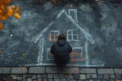 Person sitting over a house drawn with chalk on a road