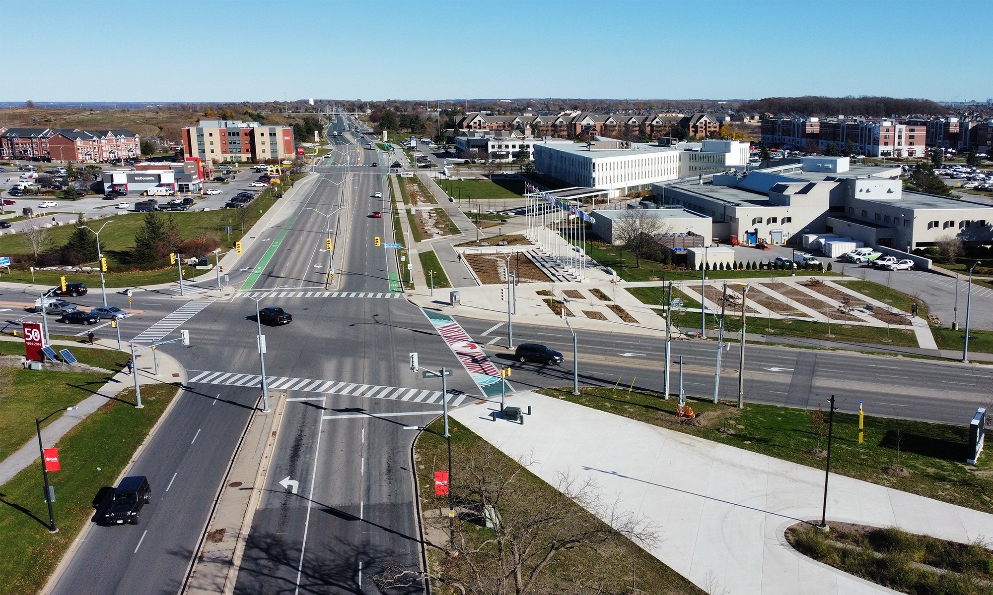 Flyover view of Niagara Region Headquarters building and intersection of Glenridge and St. Davids Roads.