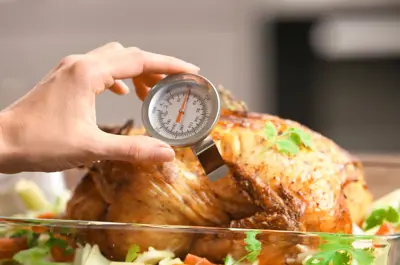 Person measuring temperature of whole roasted turkey with meat thermometer.