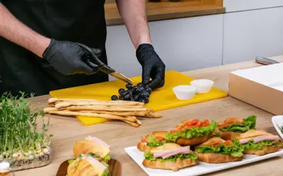 Person wearing black gloves and cutting grape stems for charcuterie