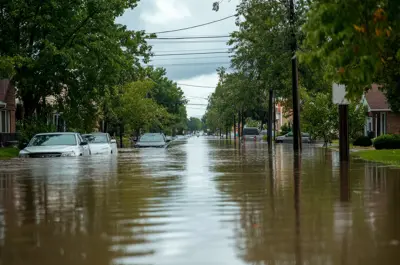 A flooded urban street with submerged cars