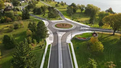 Flyover view of Dominion Road roundabout. 